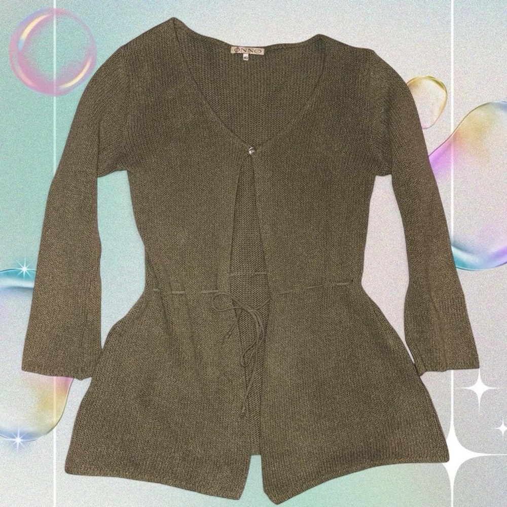 vtg y2k onnø lace tie waist knit cardigan, mother of pearl button, sz 40 (md/lg)